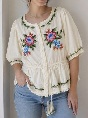 Jennifer & Grace Embroidered Floral Cotton Peplum Blouse Boho Cottagecore Large